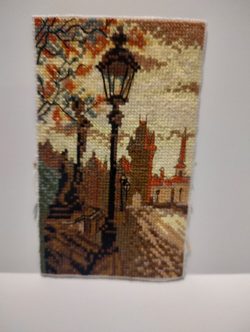 Completed Cross stitch Handmade Autumn Lamp post City Street Unframed 3.5"x6"